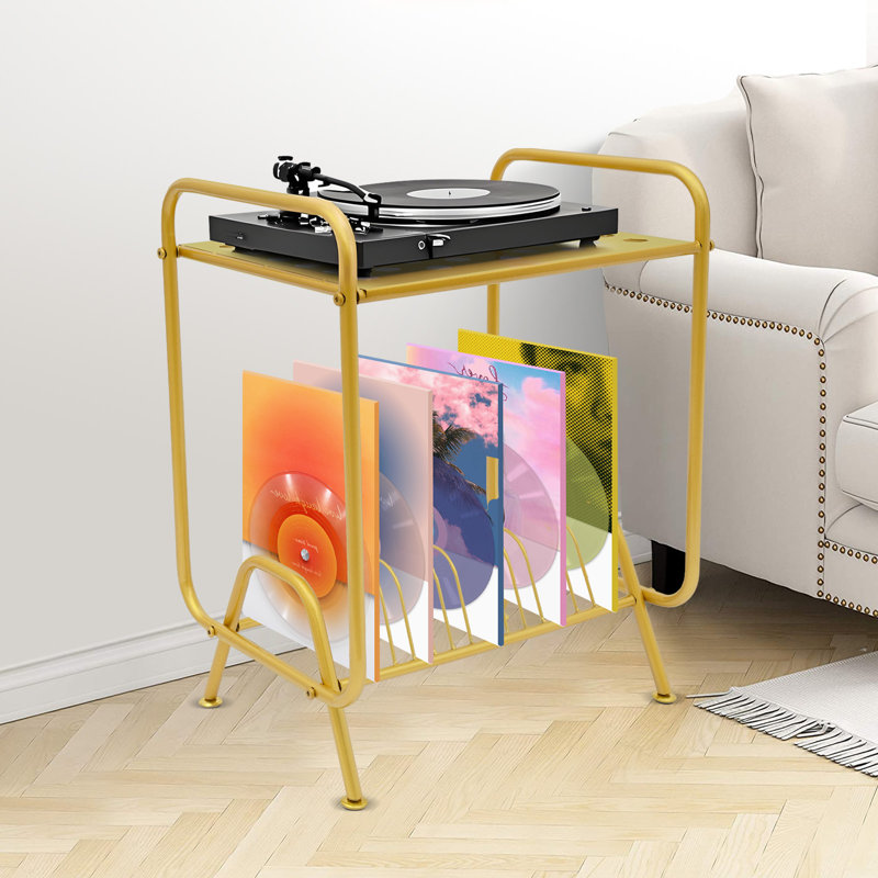 2-Tier Record Player Stand Free Standing Player Stand Record Storage Stand With 4 Foot Pads, Gold