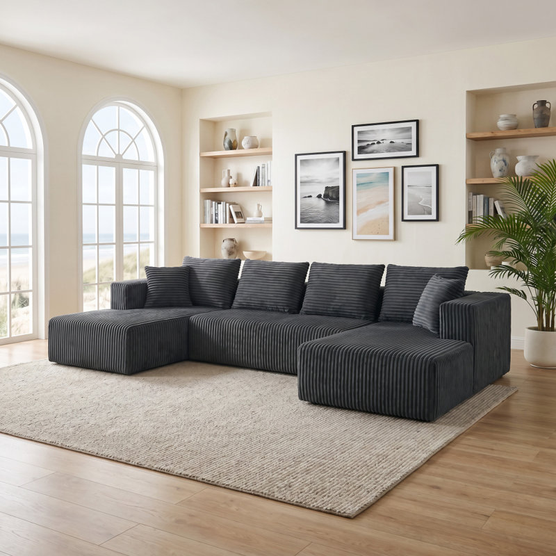 Canapé modulaire de 132,1 pouces, canapé en velours côtelé en forme de U avec méridienne double, canapé nuage surdimensionné pour salon, appartement, gris