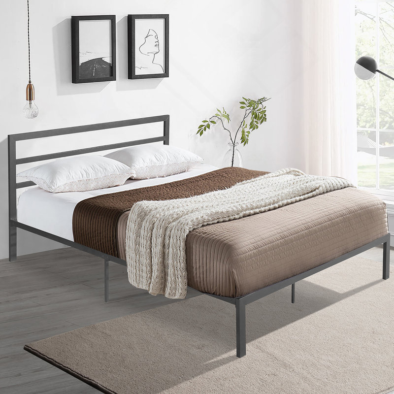 Metal Bed Frame with Headboard, Charcoal Gray
