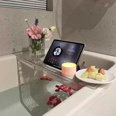Plateau de bain extensible avec porte-bouteilles et porte-livres - tablette en acrylique transparent