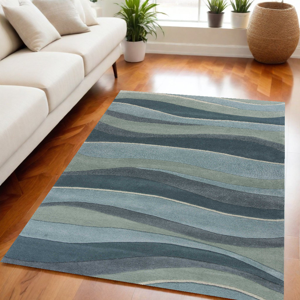 HomeRoots 5' X 8' Aquamarine Abstract Waves Hand Tufted Wool Area Rug ...