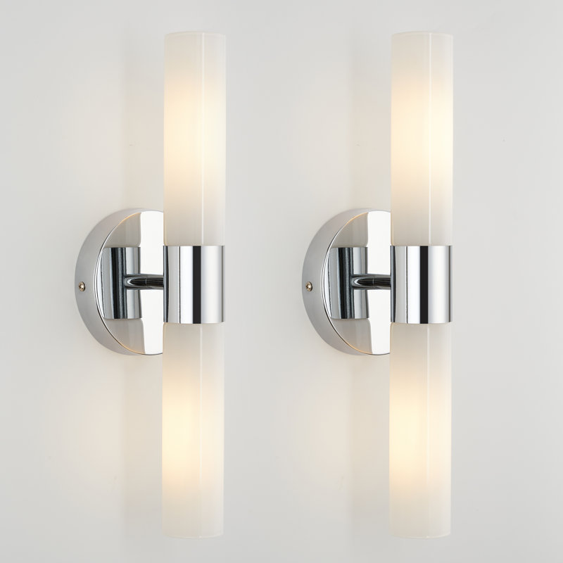 Opal Glass Double Tube Bathroom Vanity Light Fixture Set Of 2 Gold, Polished Chrome