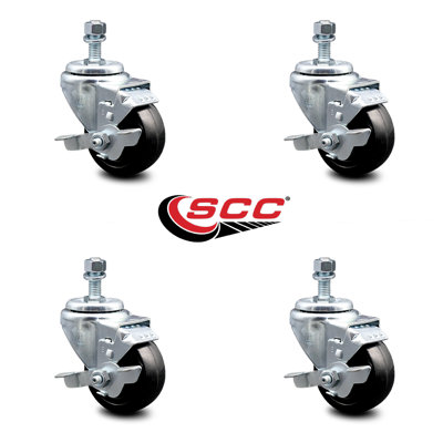 3.5 Inch_Hard Rubber Wheel Swivel 10mm Threaded Stem Caster Set with Brake