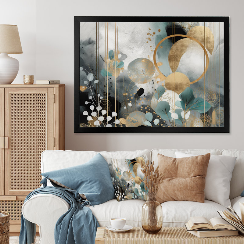 Fleur dorée bleue dorée I - Floral Wall Art Living Room, Cadre photo noir, H 12 po x l 20 po