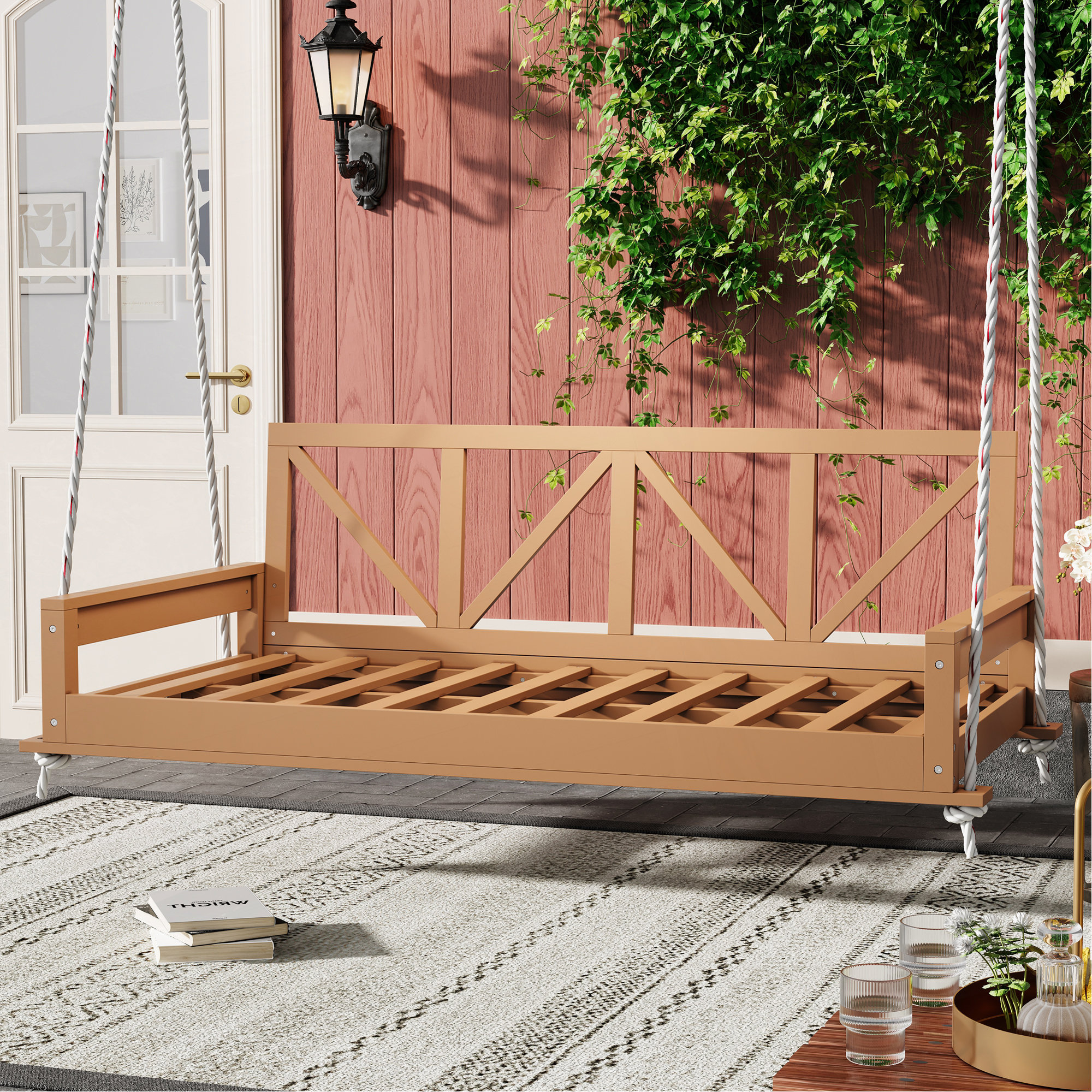One Allium Way Acacia Wood Twin Size Patio Swing Bed Modern Porch Swing ...