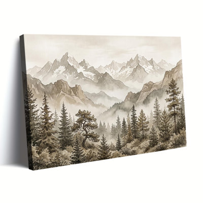 Vintage Ink Wash Misty Snow Mountain Pine Forest Landscape Canvas Art, Wrapped Canvas, Ready to Hang
