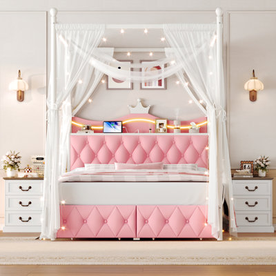 3-Piece Bedroom Sets, Upholstered Metal Canopy Storage Bed With LED Light,Charging Port