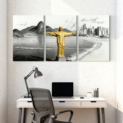 landmark building Christ Statue Golden Black White Cityscape Mountain Water Reflection Set of 3 Canvas Wall Art Prints