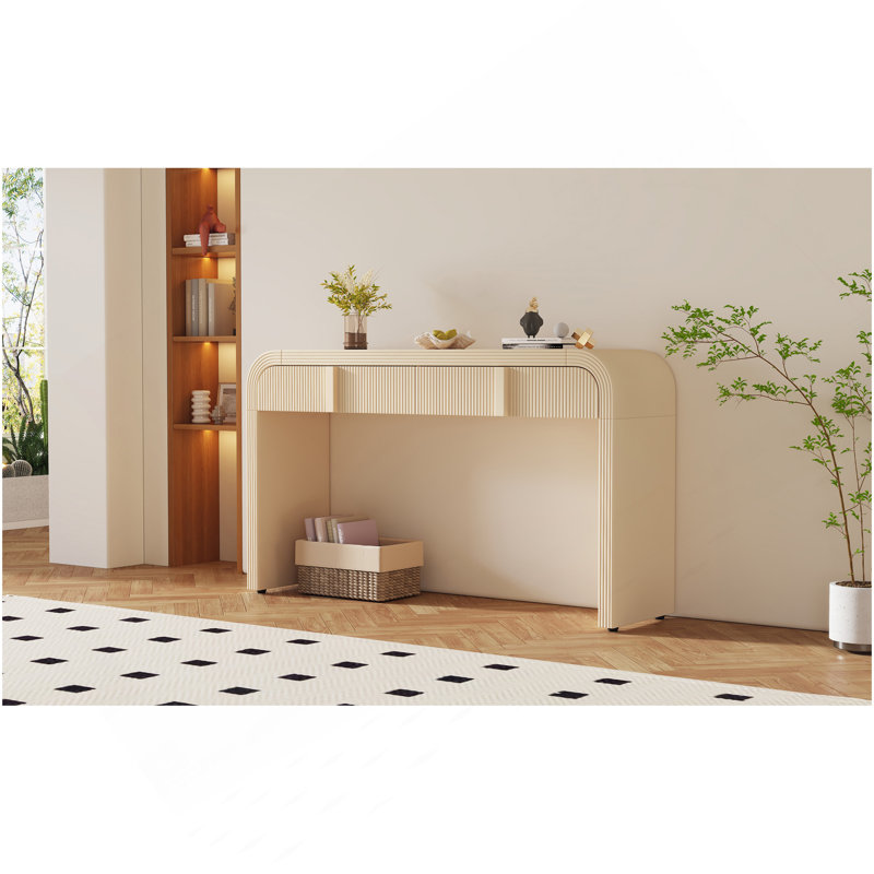 Console moderne avec 2 tiroirs de rangement, table d'entrée cannelée à silhouette arrondie pour le couloir du salon et du vestibule (crème abricot)