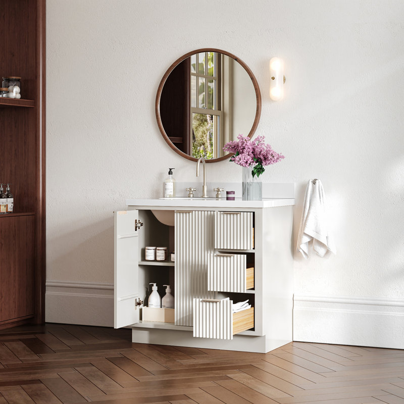 Meuble-lavabo simple en bois massif de 36 po avec plateau en quartz blanc de 1,5 po Haun, Gauche, Ovale, Blanc chaud