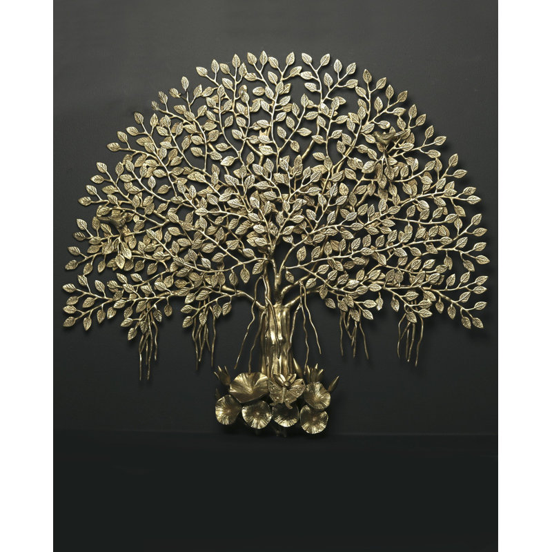 Arbre de vie, art mural en métal - grande sculpture murale en laiton 29 po avec oiseaux perchés, pièce décorative faite à la main pour le salon et le vestibule