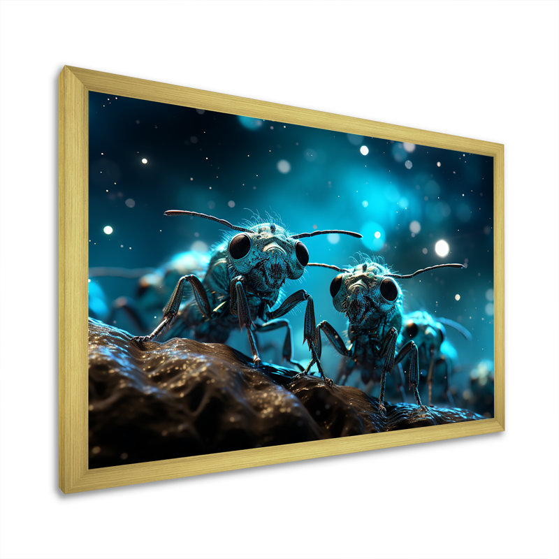 Fourmis lunaires argentées sur toile, H 30 po x l 40 po x P 1,5 po, Cadre doré simple