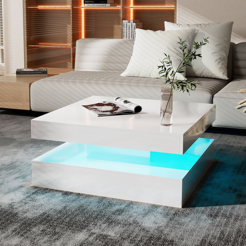 Charvez High-Gloss Coffee Table with 16 Colors LED Lights, High Gloss White, 35.5cm H x 78cm W x 78cm D