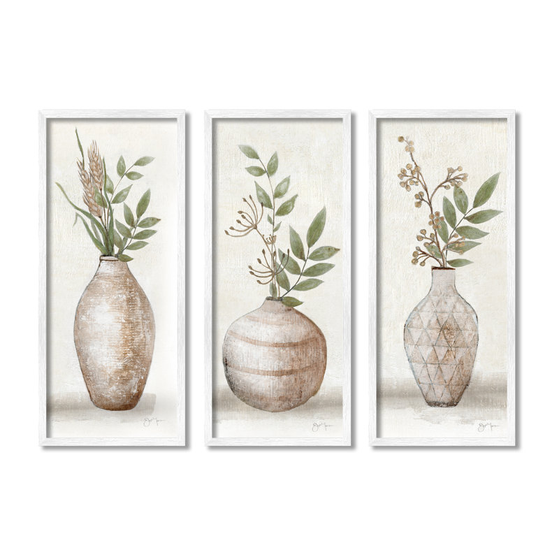 "Botanical Still Life Vase Ikebana Blossoms Arrangement" par Janet Tava - ensemble de 3 impressions sur toile