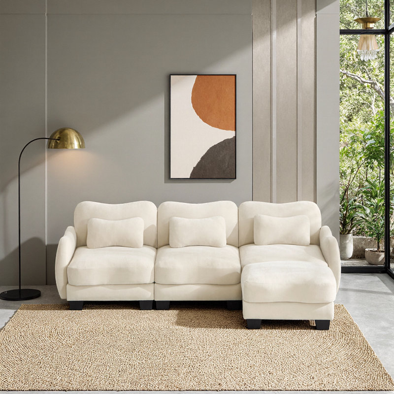 Canapé modulaire en L avec repose-pieds mobile Chenille, Beige