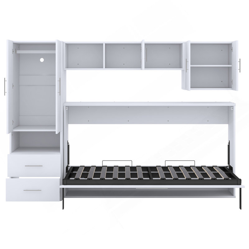 Lit escamotable simple avec tablettes ouvertes et tiroirs de rangement, armoire et table intégrées, blanc