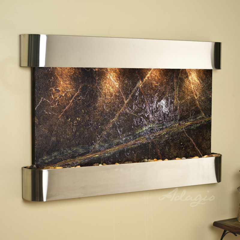 Indoor Acrylic Waterfall Fountain with Lights, Stainless Steel, Rainforest Green Marble