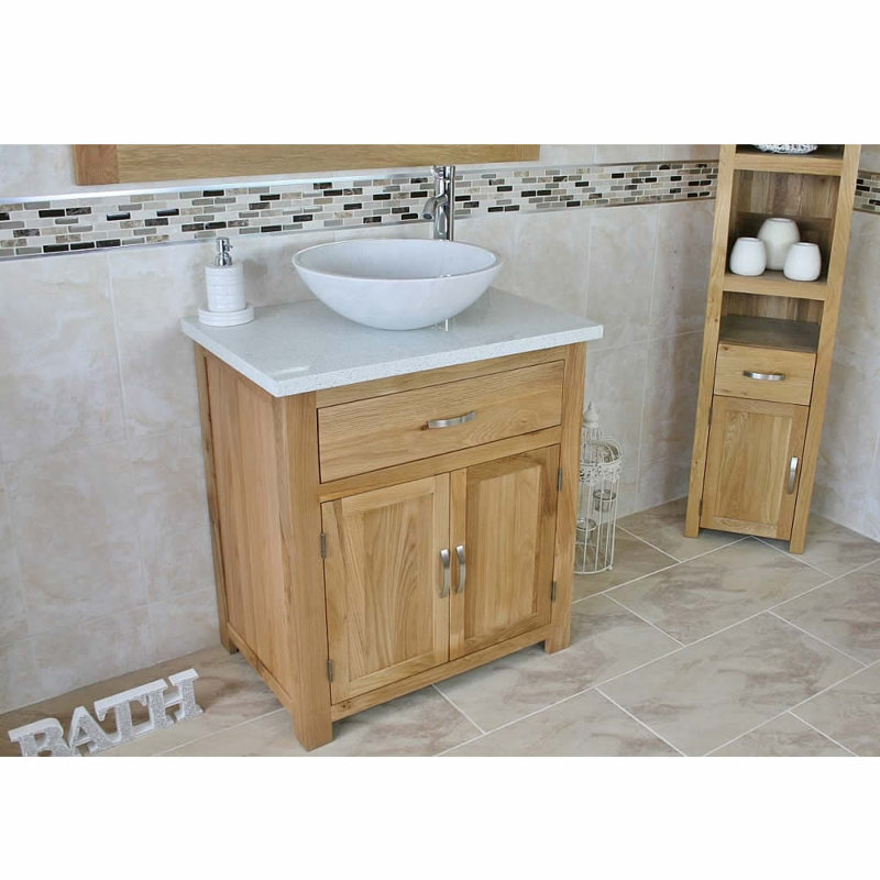 Deckert 750 mm Freestanding Single Vanity with Vessel Stone Basin, White, White