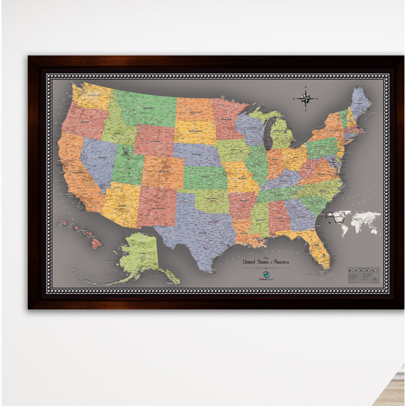 Carte magnétique encadrée de voyage des États-Unis, H 22 po x l 33 po x P 1 po, Gris