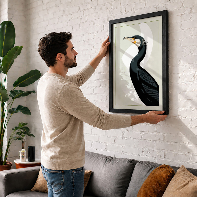 Cormorant in Profile Japandi 1 Piece Single Picture Frame Wall Art, A2 - 59.4 x 42.0 cm, Black