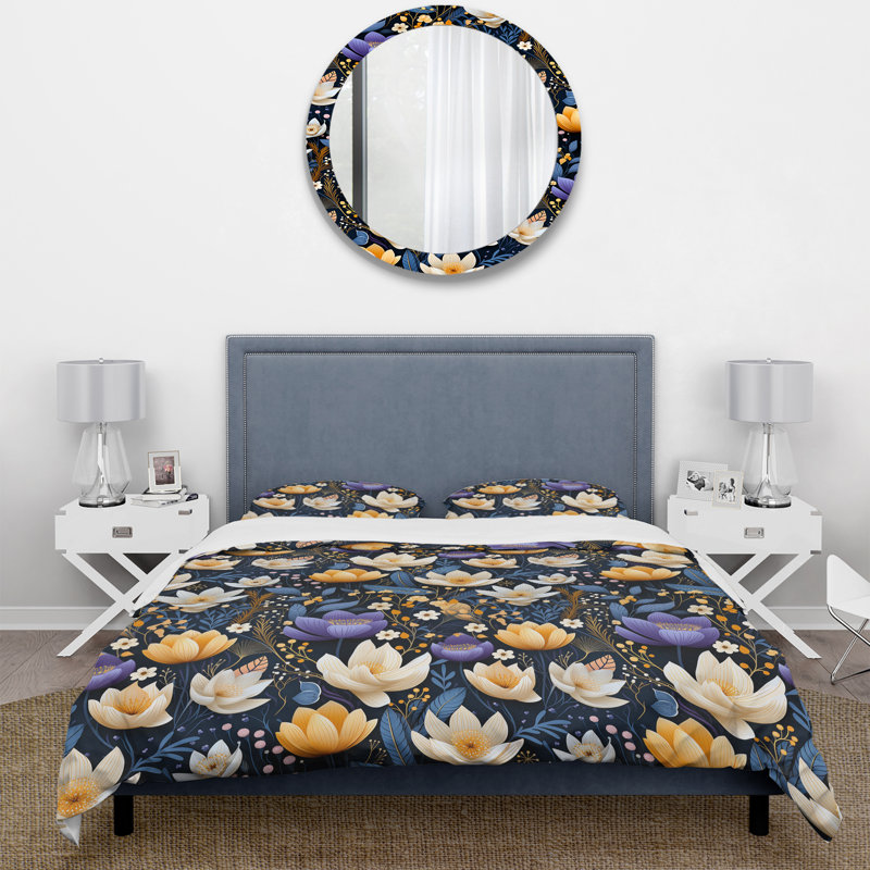 Blue And Beige Bohemian Elegant Floral Pattern I - Ensemble de housse de couette à motif floral