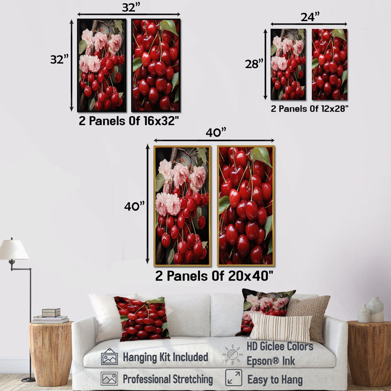 Red Cherry Fruit Beauty I - ensemble de 2 impressions sur toile cerise, Cadre blanc, H 40 po x l 41 po