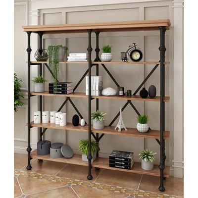 Industrial Style Pine and Metal 5 Tier Open Bookshelf