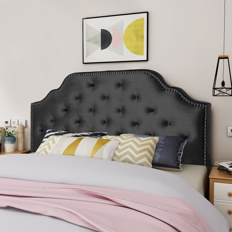 Tufted Upholstered Headboard Queen Size, Solid Wood Head Board With Durable Metal Legs, Adjustable Height Queen Headboard With Nailhead Trim,Fabric Headboard In Modern Button Tuffted Design