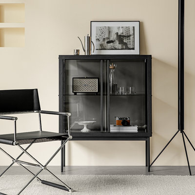 Vitrines en bois massif noir + acier inoxydable + verre trempé