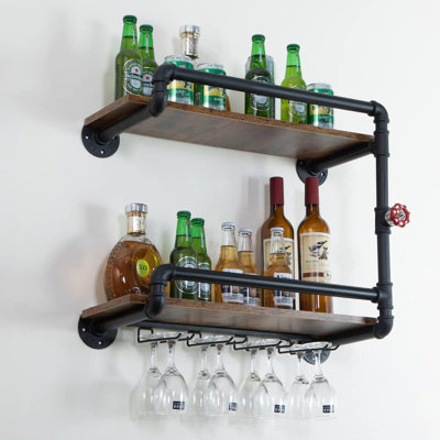 Support à vin mural à 2 niveaux, étagère flottante suspendue pour petit bar avec porte-verres en dessous, tuyau rustique industriel, décor de cuisine de ferme noir (23,6 x 10,6 x 19,7)