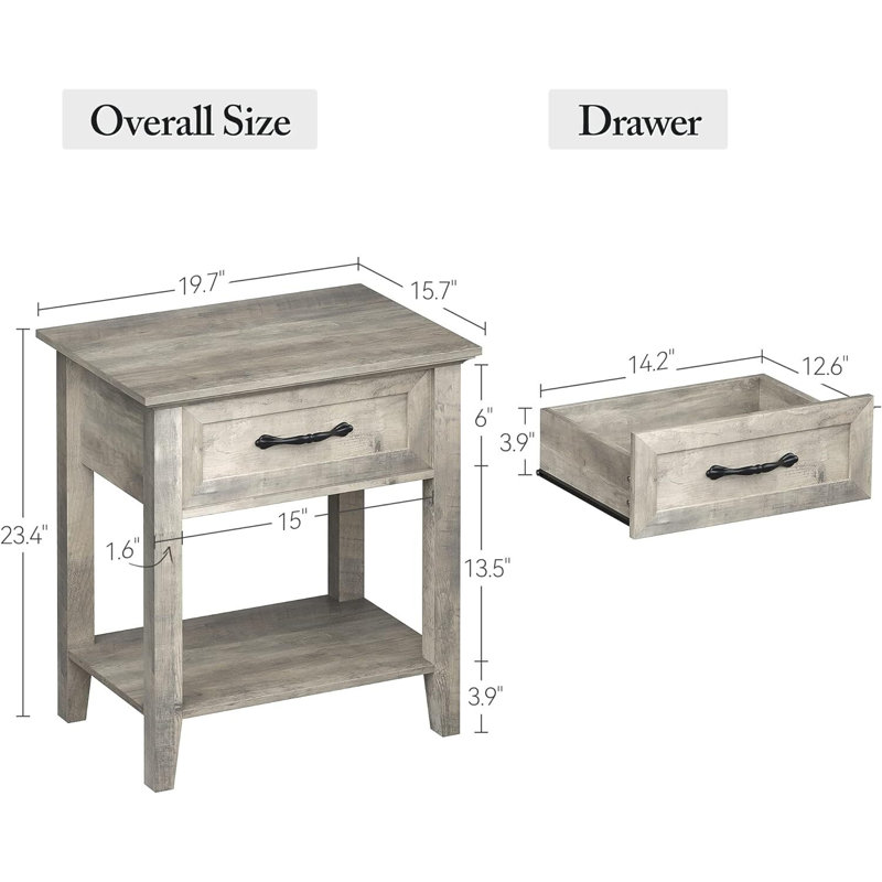 2Pcs End Table With Drawer, 2 Tiers, Gray, Gray