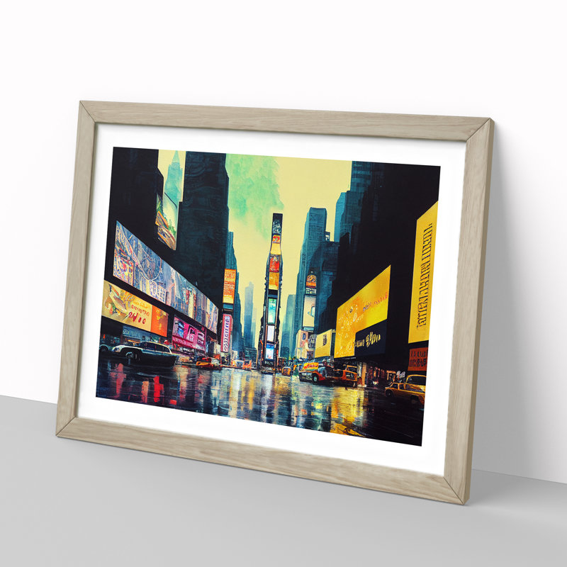 Times Square New York Watercolour Vol.5 - Single Picture Frame Print, 25cm H x 34cm W x 2cm D, Oak Framed