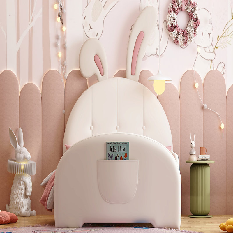 Lit simple tapissier en forme de lapin Princess, lit plateforme simple avec tête et pied de lit, blanc, Blanc