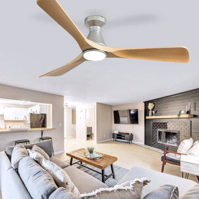 52 Inch Wood 3 Blade Flush Mount Low Profile Ceiling Fan with Lights and Remote, Dimmable Indoor Outdoor Fan with Remote APP Control Quiet DC Motor Timer