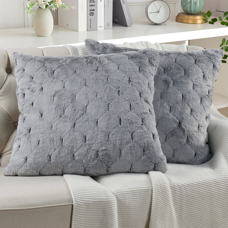 Jacquard Rabbit Faux Fur Pillow Cover, Silver Gray, 26'' x 26''