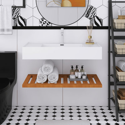 Wall-Mounted Bathroom Vanity, White Rectangular Acrylic Integrated Basin, Striped Shelves Layer.