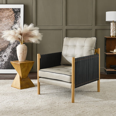 Fauteuil d'appoint en cuir véritable l 28,7 po avec accoudoirs à sangle en cuir