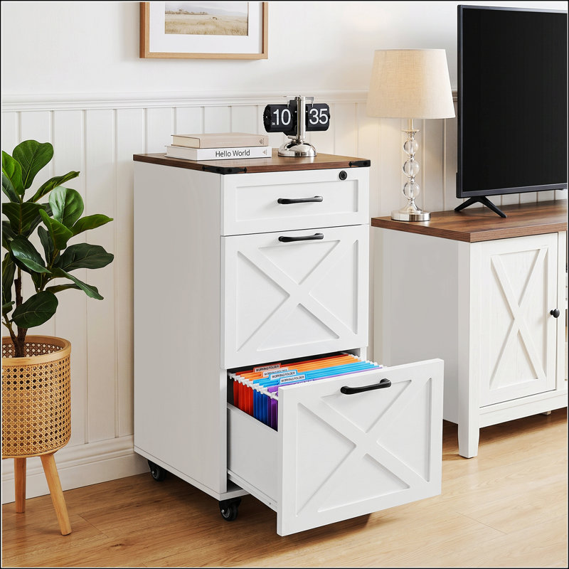 Classeur vertical à roulettes rustique blanc de style ferme, à 3 tiroirs, pour l'organisation et le rangement du bureau à domicile