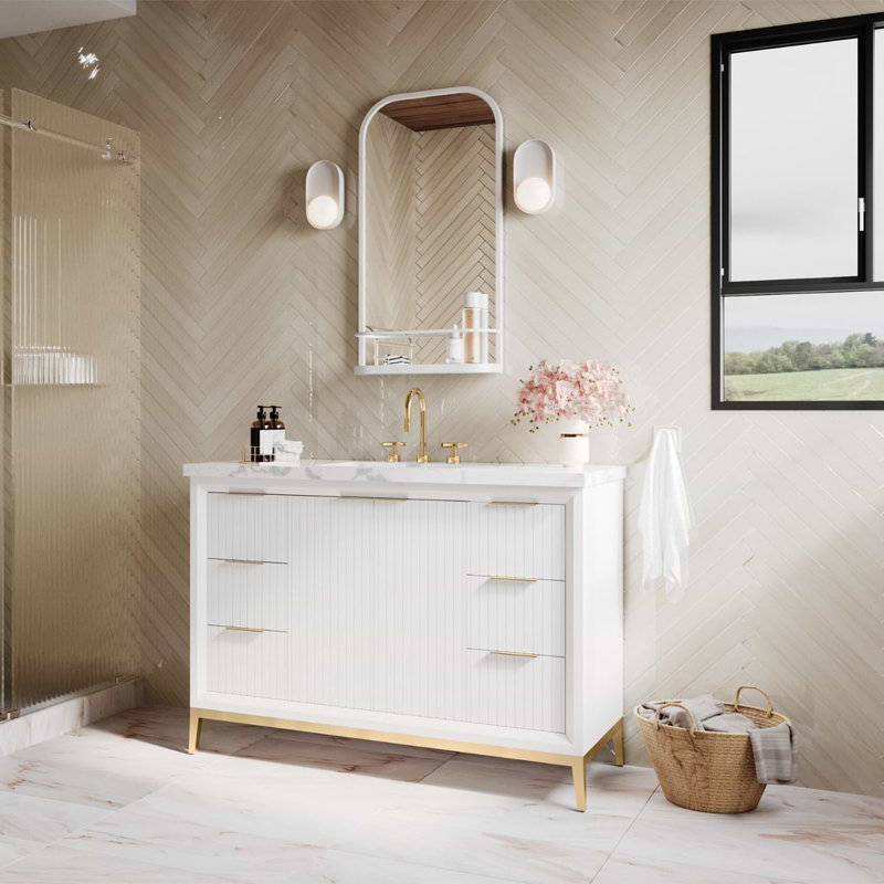 Meuble-lavabo simple 48 po avec plateau en marbre de Carrare Traverse, Blanc