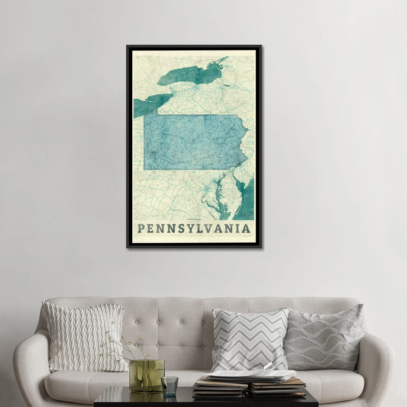 " Pennsylvania Map " by Hubert Roguski, 26" H x 18" W x 1.5" D, Black Framed Canvas, No Mat