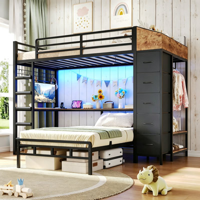 Bunk Bed with L Desk and Storage Hall Tree LED Metal Platform Captain Bed Double Twin Size Bedroom Space Saving Kids Bed