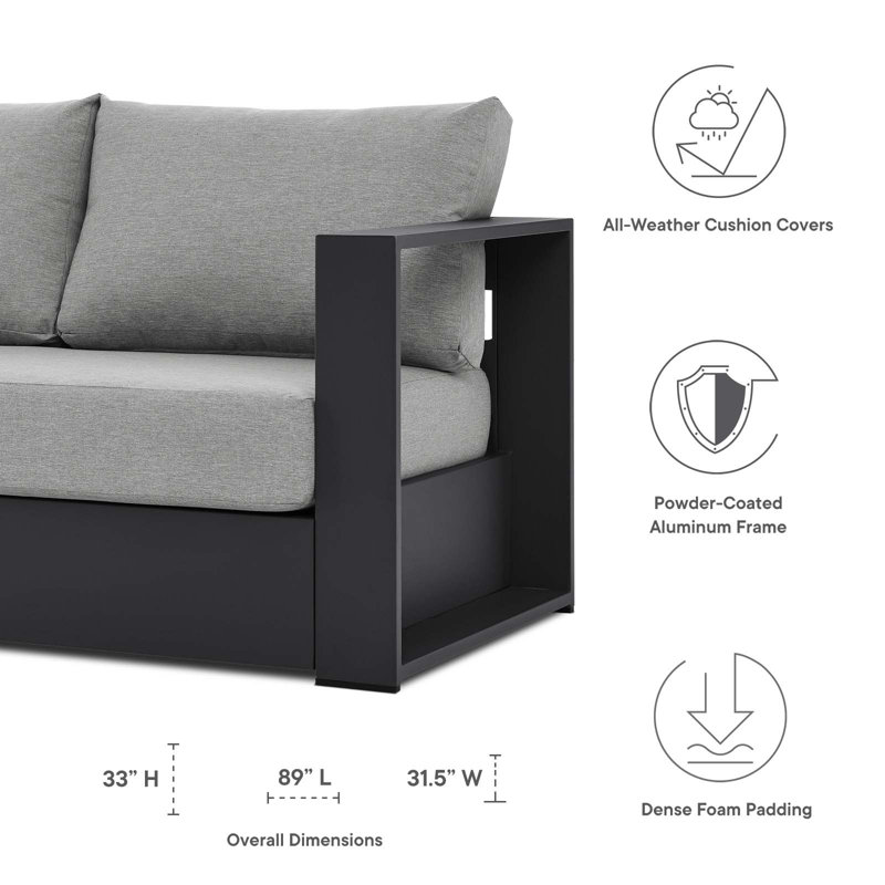 Gray Powder-Coated Aluminum Outdoor Sofa with Cushions