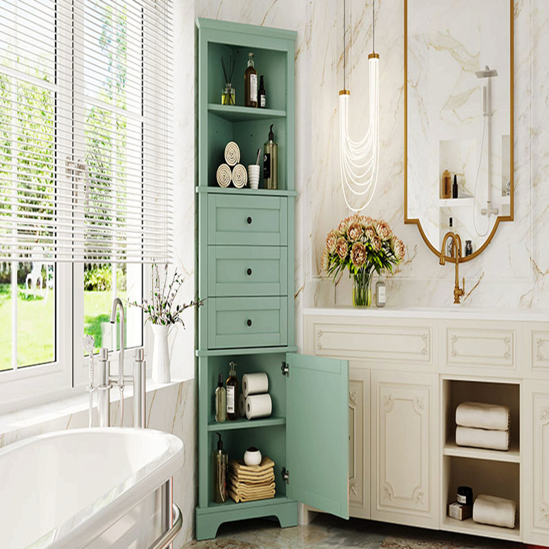 Triangle Tall Cabinet With 3 Drawers And Adjustable Shelves For Bathroom, Kitchen Or Living Room, MDF Board With Painted Finish