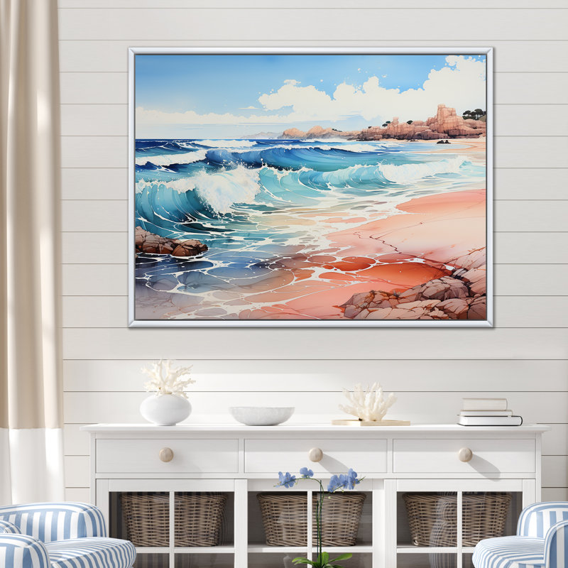 «Blue Beach Waves Fusion» - Décoration murale nautique et plage, Cadre flottant blanc, H 16 po x l 32 po x P 1 po