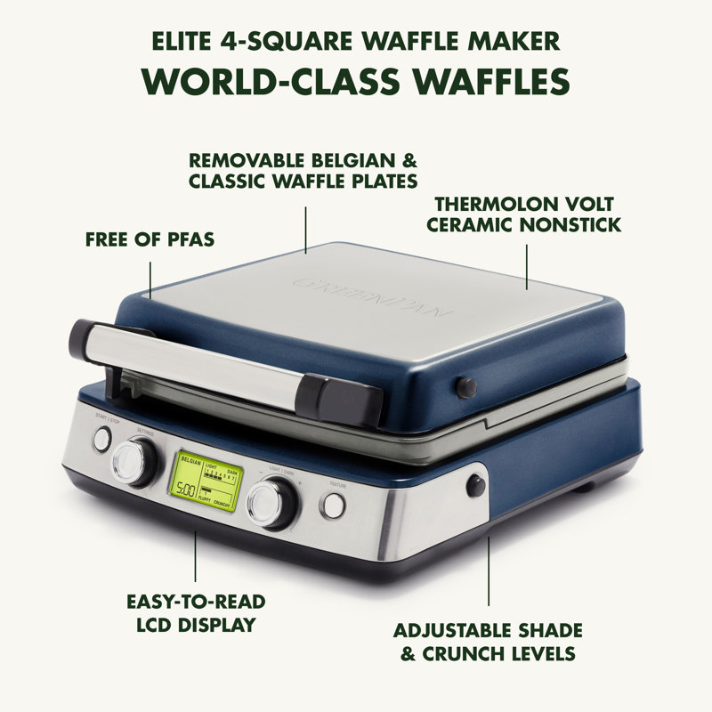 GreenPan Elite 4-Square Waffle Maker, Oxford Blue