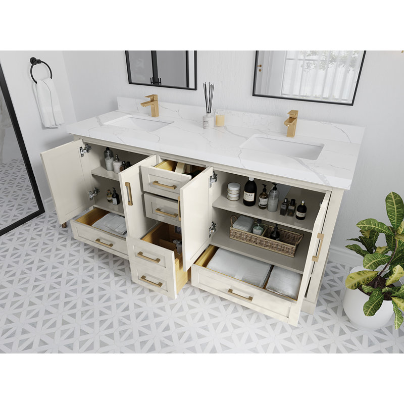 Boston 72 In. W X 22 In. D Double Sink Bathroom Vanity In Alabaster With 2 In. Viola Brown Quartz