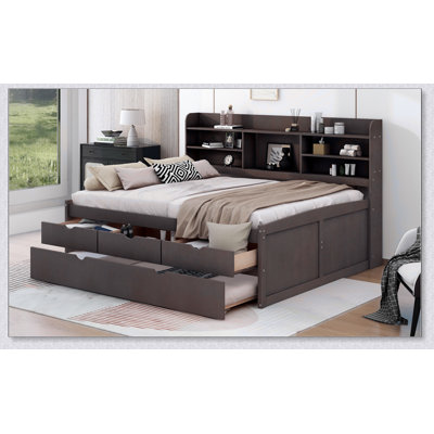 Wooden Captain Bed With Built-In Bookshelves,Storage Drawers And Trundle