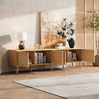 Meuble télé moderne de 70 po avec portes, rangement pour téléviseurs de 80 po, support pour console multimédia et pieds solides dans le salon, support spacieux, rangement spacieux, trous