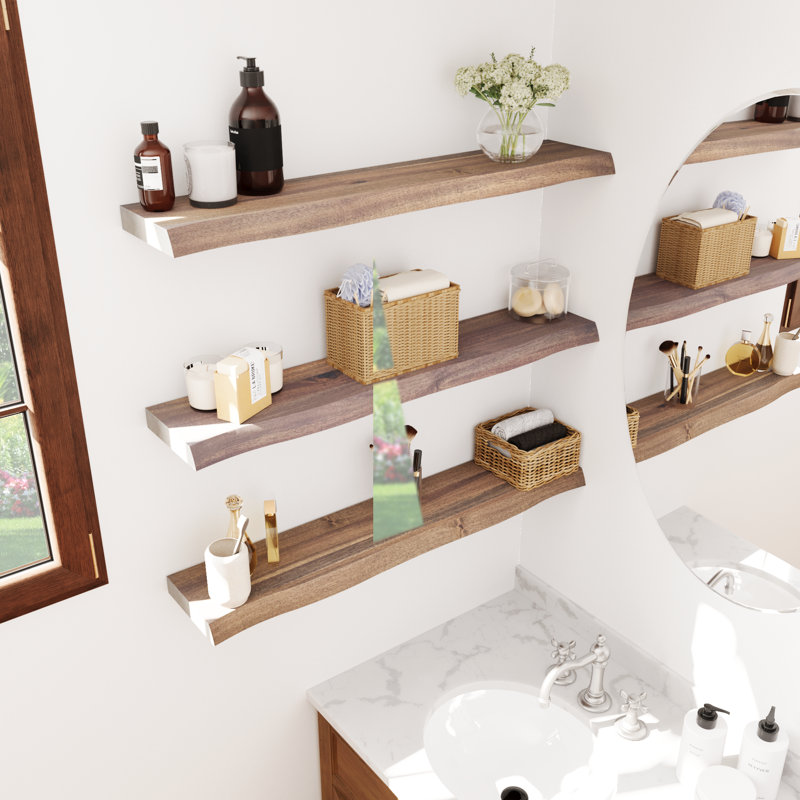 2 Pieces Acacia Solid Wood Live Edge Floating Shelves for Kitchen Wall Decor, Kitchen, Bathroom, Workspace, Dark Walnut 36"x7.5"x1.5"