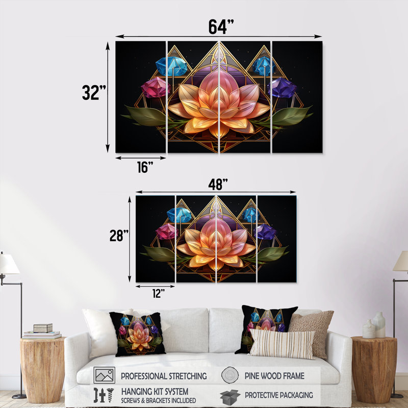 Motif géométrique de lotus rose géométrique et de cristaux mauves bleus - lotus 4 pièces, H 32 po x l 64 po